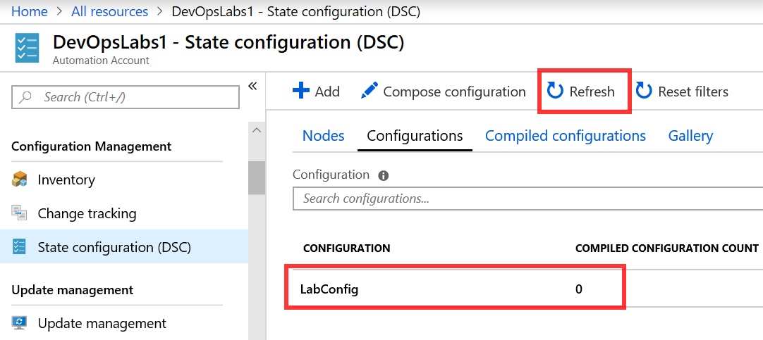 Screenshot of the State Configuration DSC pane for the DevOpslabs1 Automation Account inside Azure Portal. The Refresh button is highlighted to illustrate the user action that is required to update the information shown inside the State Configuration DSC pane. The imported DSC configuration file LabConfig is also highlighted to indicate how to locate the list of imported configuration files from within the State Configuration DSC pane.